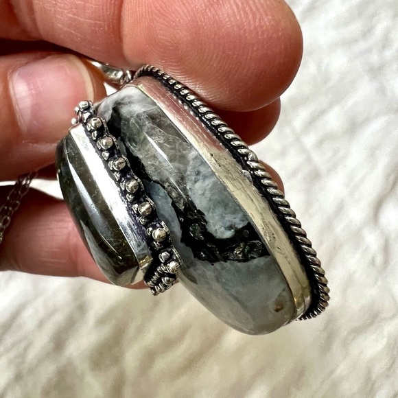 925 SUNSET Flash! Layered Labradorite on Moonstone w/ Black Tourmaline! necklace - Picture 5 of 10